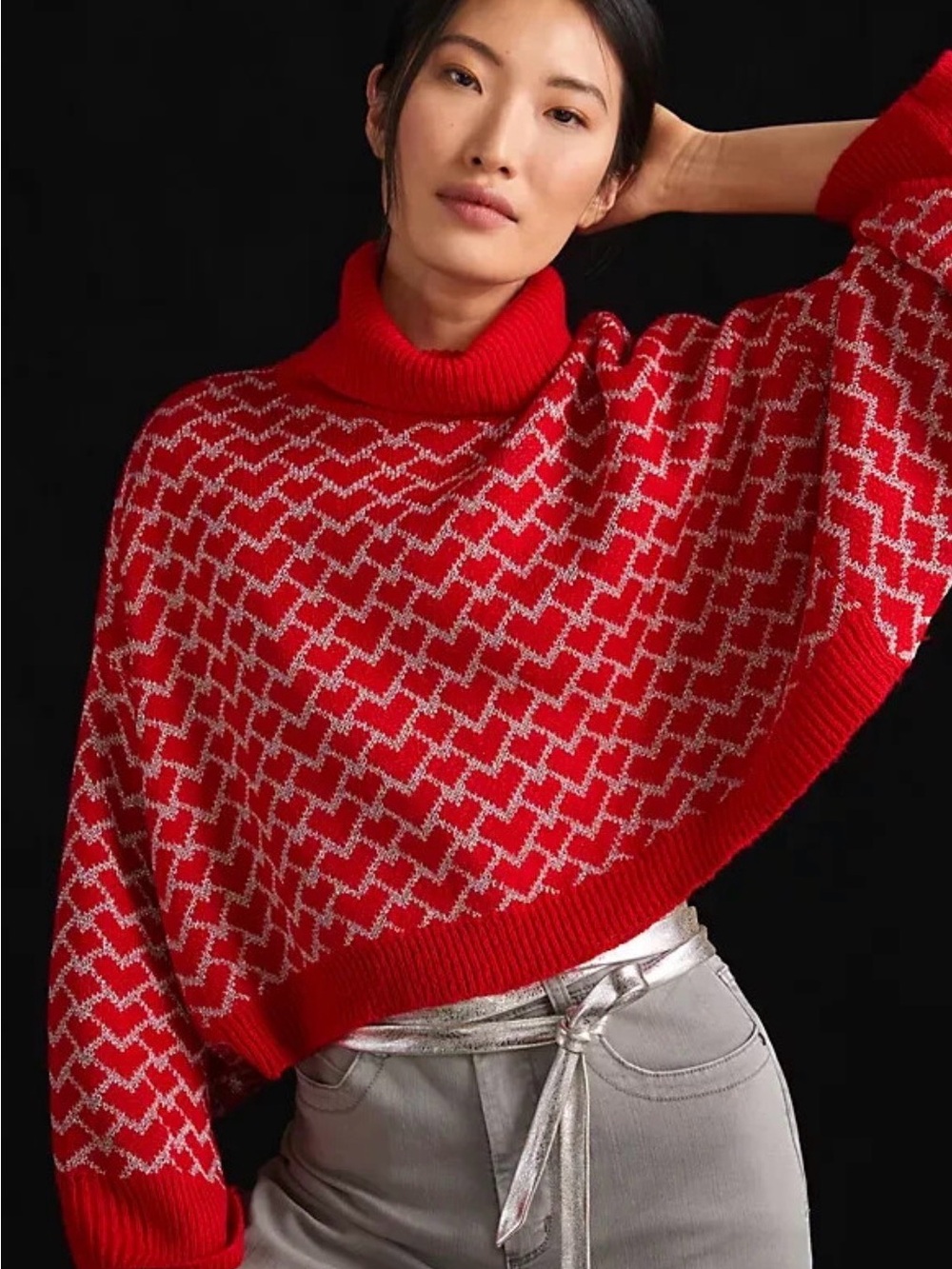 Lili Sidonio Red Cowl Neck Patterned Sweater